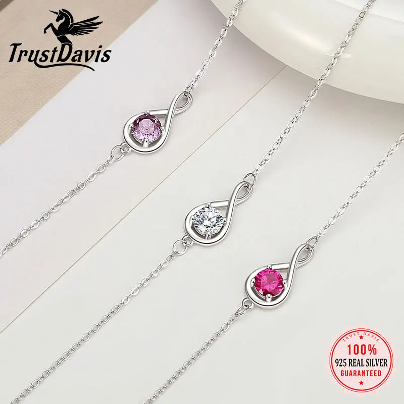 TrustDavis 925 Sterling Silver Birthstone Bracelet Infinity Zircon Bracelet for Women Birthday Mother's Day Jewelry Gift DS4197