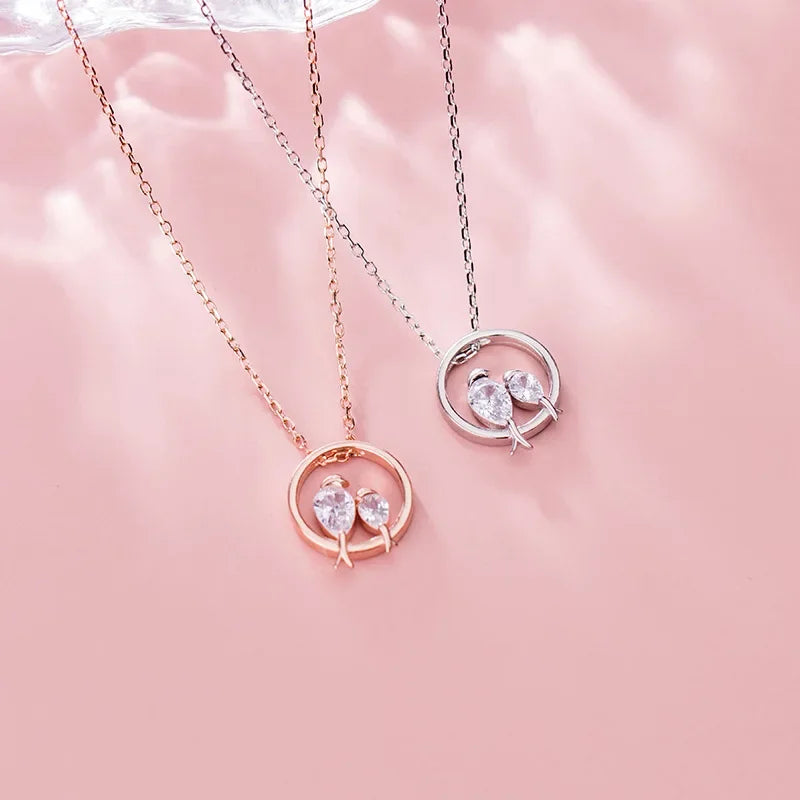 TrustDavis 100% 925 Sterling Silver Dazzling Birds Fall in Love CZ Pendant Necklace for Women Girl Silver 925 Jewelry DA462