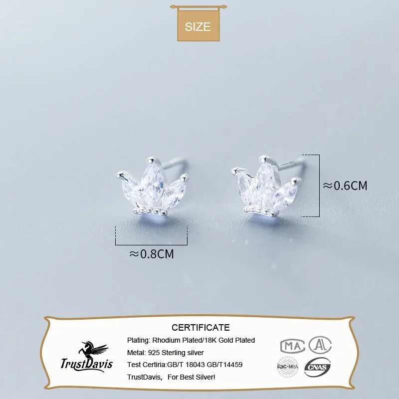 TrustDavis Real 925 Sterling Silver Sweet Crown Green White CZ Charm Stud Earrings For Women Wedding Party Fine Jewelry DA1670