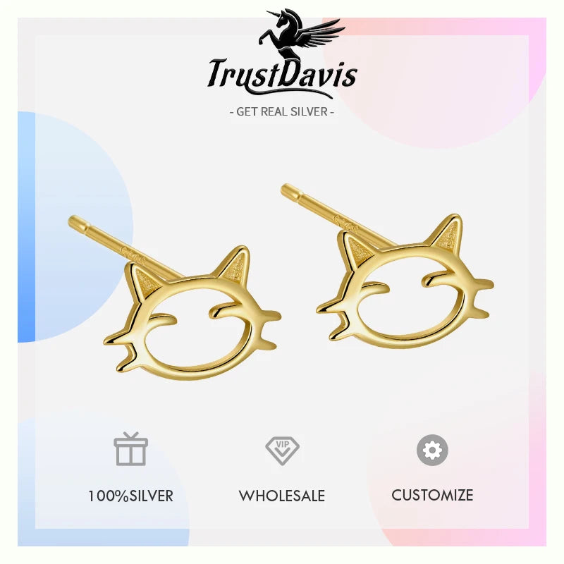 TrustDavis 925 Sterling Silver Women's Fashion Simple Cute Hollow Cat Line Kitten Earrings for Women Girls Jewelry Gift DS4283