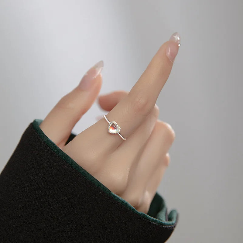 TrustDavis Real 925 Sterling Silver Fashion Gradient Coloured Glaze Heart Opening Rings For Women Wedding Fine Jewelry DA2476