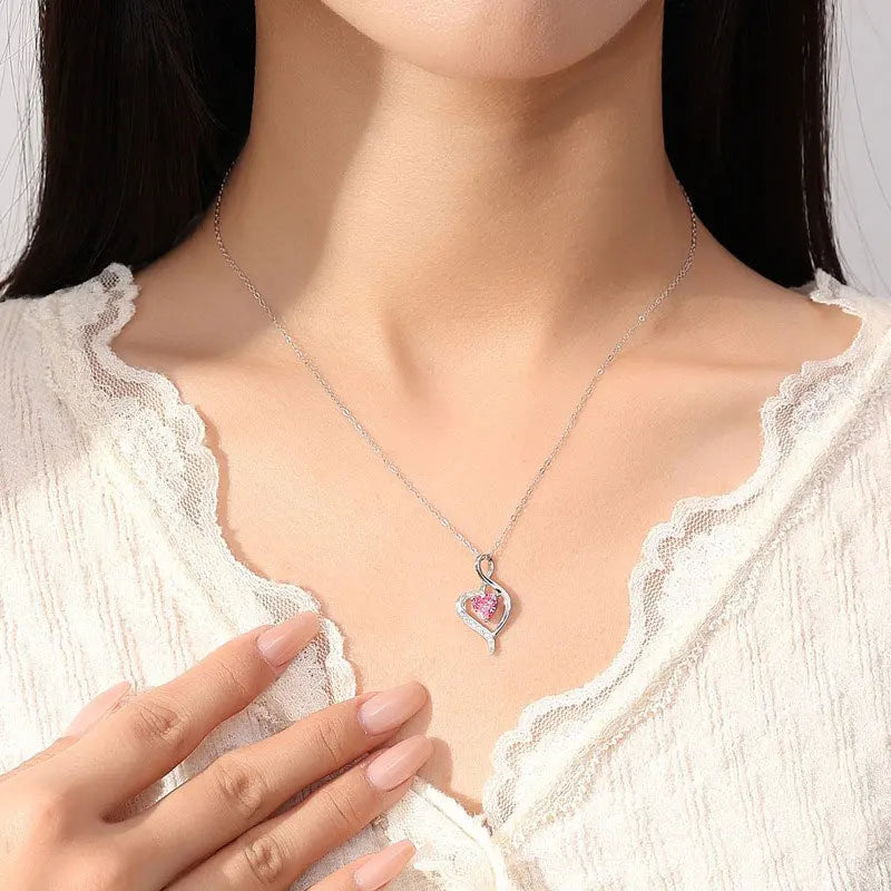 TrustDavis 925 Sterling Silver Women's Heart Shaped with Heart Diamond Necklace for Mother's Day Birthday Gift Jewelry DS4193