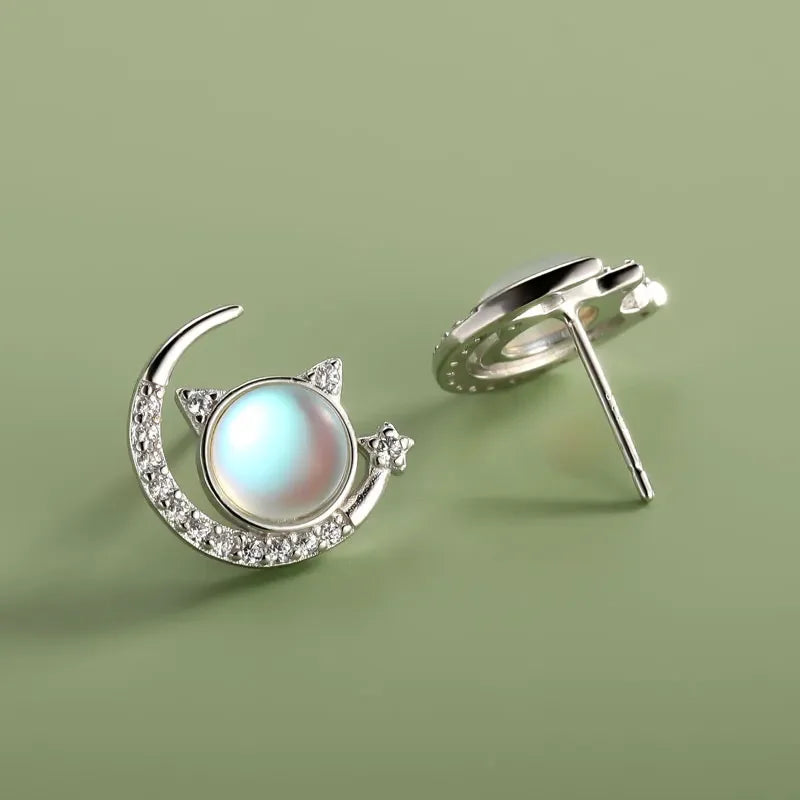 Moon Cat Moonstone Dazzling CZ Stud Earring DA2917