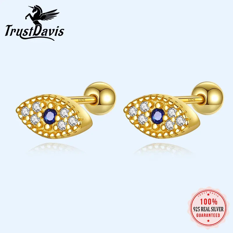 Real 925 Sterling Silver Devil Eye Shiny Beads Screw Earring DG0109