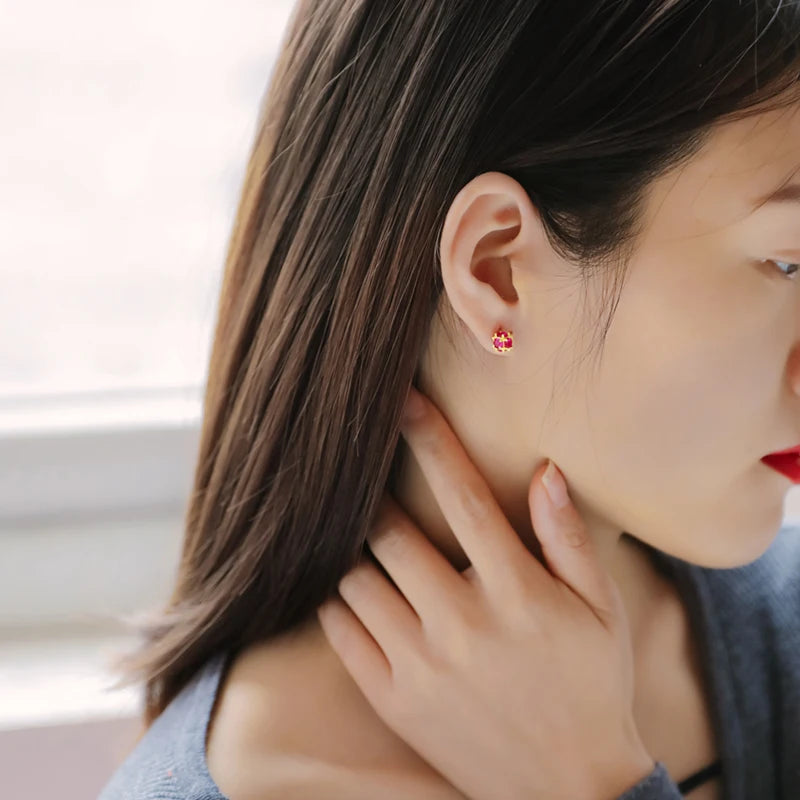 TrustDavis Real 925 Sterling Silver Ball Red CZ Screw Beads Stud Earrings For Women Children Baby Girls Minimalist Jewelry H080