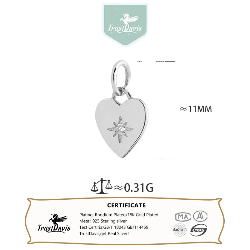TrustDavis Real 925 Sterling Silver Fashion Cute Heart Star Charm Pendant Handmade DIY Accessories Fine Jewelry Wholesale DZ1813