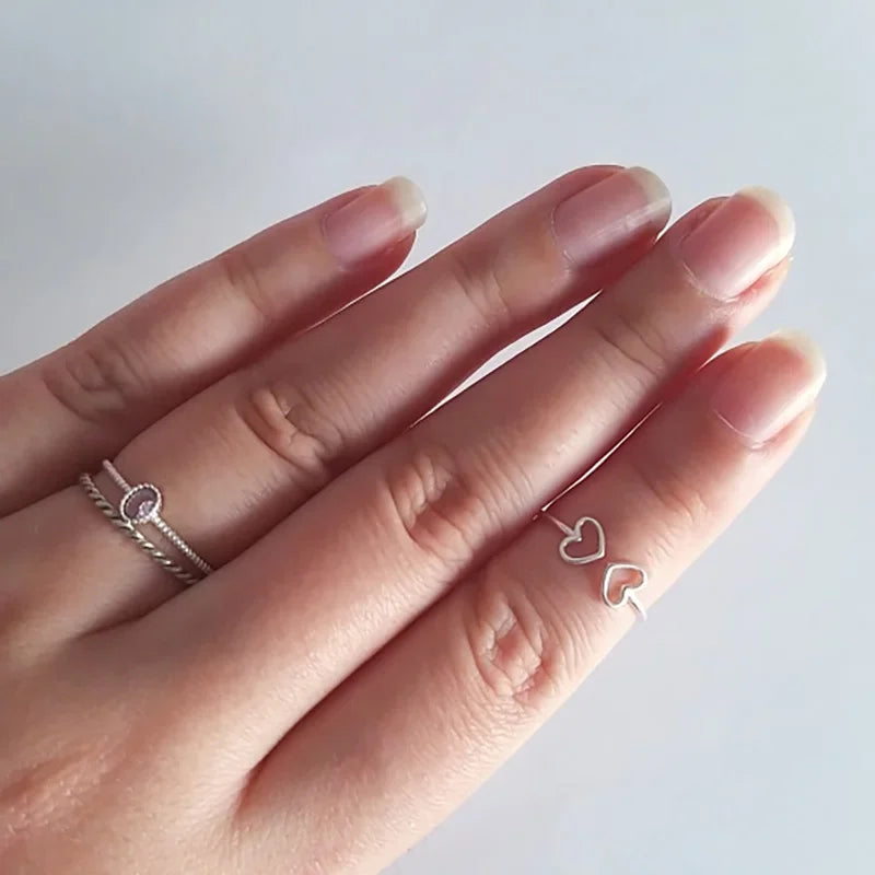 925 Sterling Silver Hollow Heart Cocktail Opening Finger Ring DA85