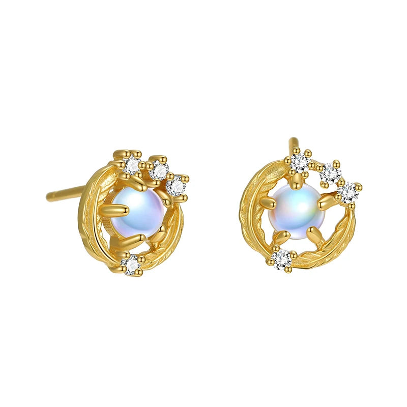 TrustDavis 925 Sterling Silver Women's Fashion Simple Round Feather Moonstone stud Earrings for Women Girls Jewelry Gift DS4474