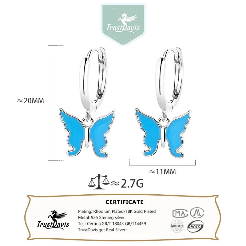 TrustDavis Real 925 Sterling Silver Charm Glaze Butterfly Pendant Hoop Earrings For Women Wedding Party Fine Jewelry Gift DS4593