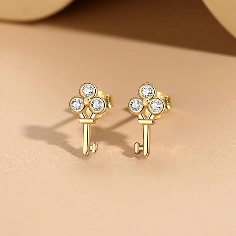 TrustDavis 925 Sterling Silver Women's Earrings Fashion Simple Key Zirconia Stud Earrings for Women Girls Jewelry Gift DS4358