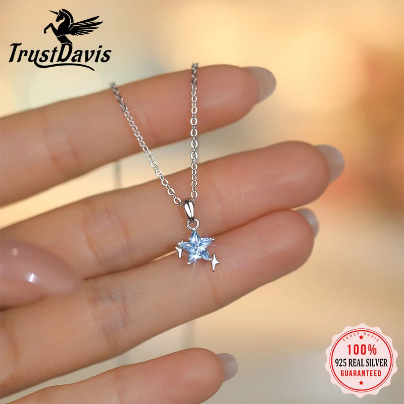 TrustDavis 925 Sterling Silver Women's Necklace Fashion Simple Blue Star Pendant Necklace for Women Girls Jewelry Gift DS4652