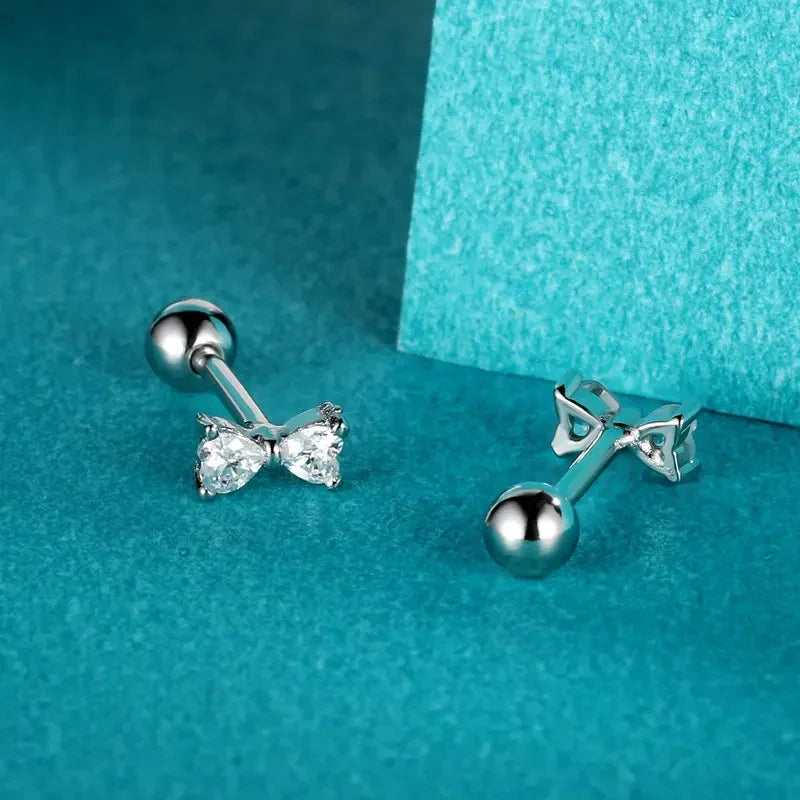 TrustDavis Real 925 Sterling Silver Earring Fashion Bowknot Shiny CZ Screw Stud Earrings For Daughter Girls Fine Jewelry DA3166