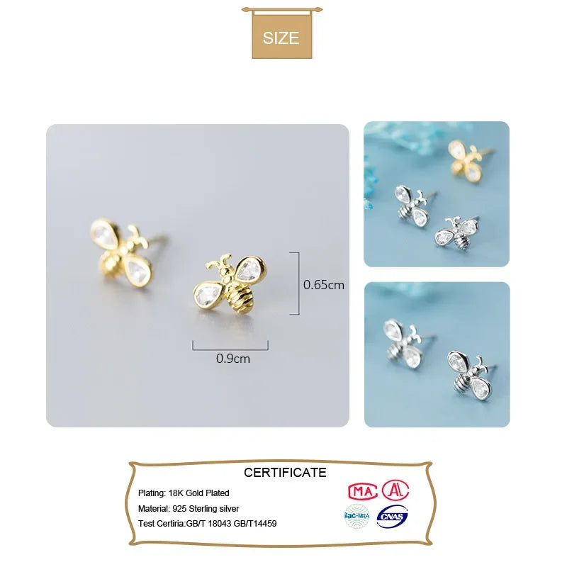Trustdavis Genuine Fashion 925 Sterling Silver Little Animal Bee Dazzling CZ Stud Earring For Women Fine Jewelry Brincos DS2345