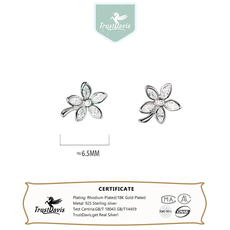 TrustDavis Real 925 Sterling Silver Fashion Flower CZ Screw Stud Earrings for Women Wedding Valentine's Day Fine Jewelry DS4177