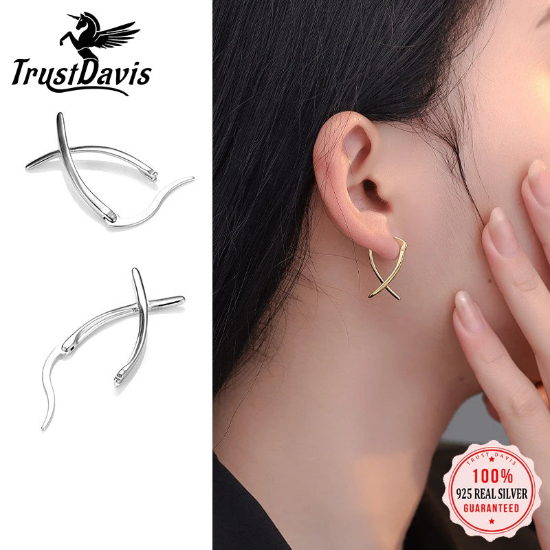 TrustDavis Real 925 Sterling Silver Women's Fashion Simple Cross X-shape Earrings for Women Girls Gift Fine Jewelry DS4674