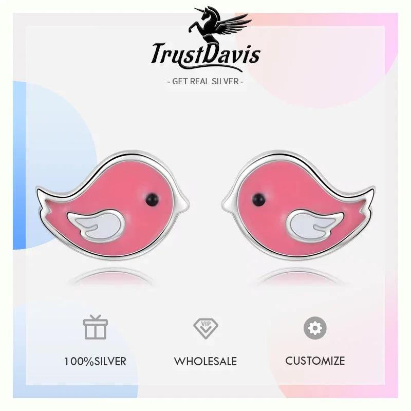 TrustDavis Real 925 Sterling Silver Fashion Sweet Glaze Pink Birds Stud Earrings For Women Wedding Party Fine Jewelry Gift DS616