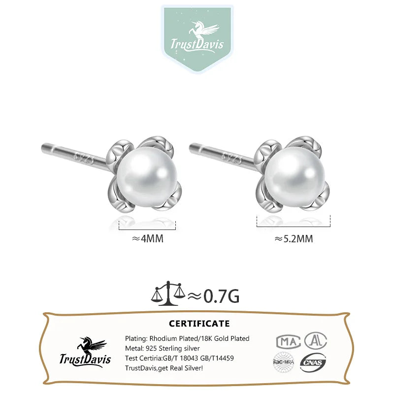 Real 925 Sterling Silver Flower Pearl Stud Earrings DS4958
