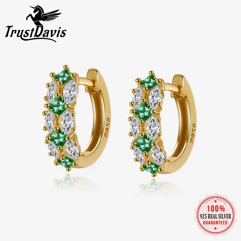TrustDavis 2024 Real 925 Sterling Silver Green Zircon Hoop Earrings Women Daughter Birthday Party Gift Jewelry DS4443