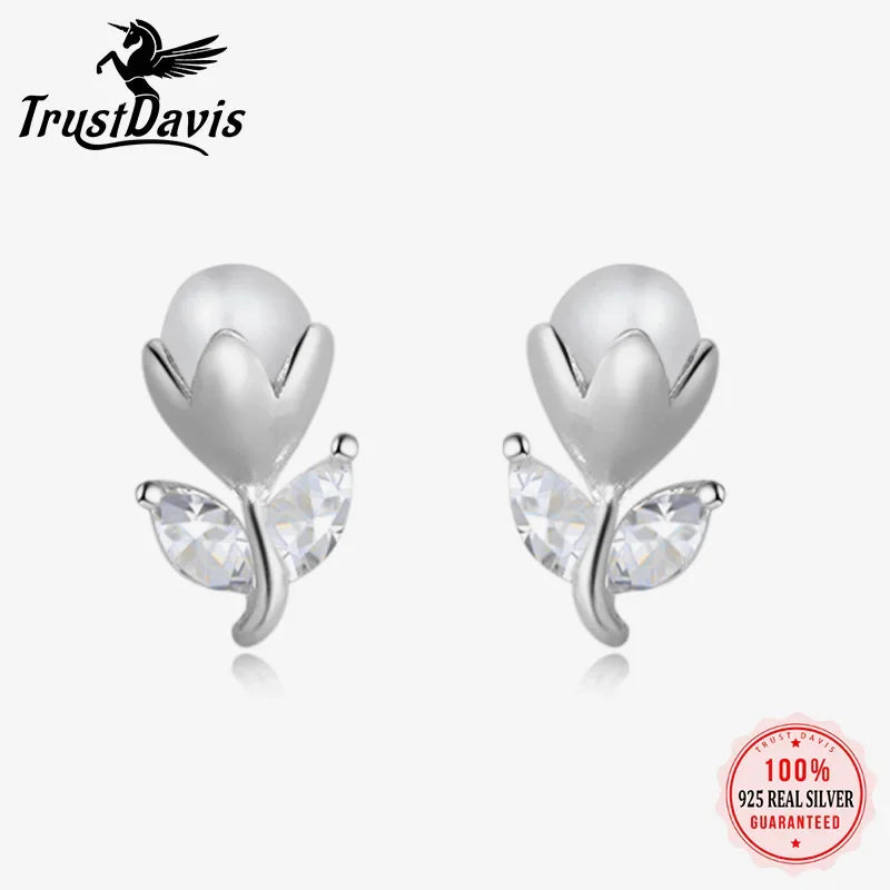 TrustDavis Girls 925 Sterling Silver Cute Romantic Tulip Flower Stud Earrings for Daughter Children Birthday Gift Jewelry DS4051