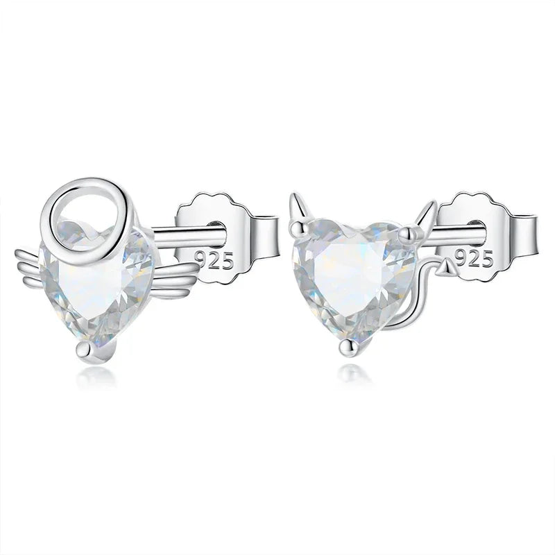 TrustDavis Real 925 Sterling Silver Stud Earrings for Women Asymmetrical Heart Shiny CZ Wedding Valentine's Day Jewelry DA2859