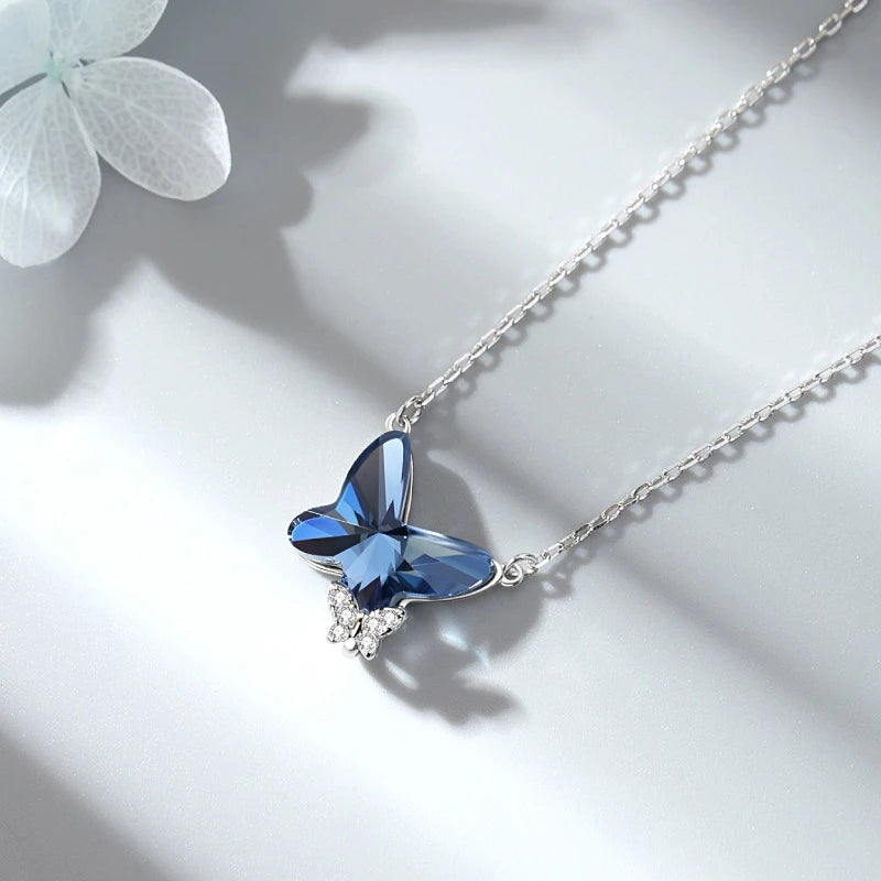 TrustDavis Real 925 Sterling Silver Women's Fashion Sweet Blue Crystal Butterfly Necklace for Women Gril Gift Jewelry DS4218