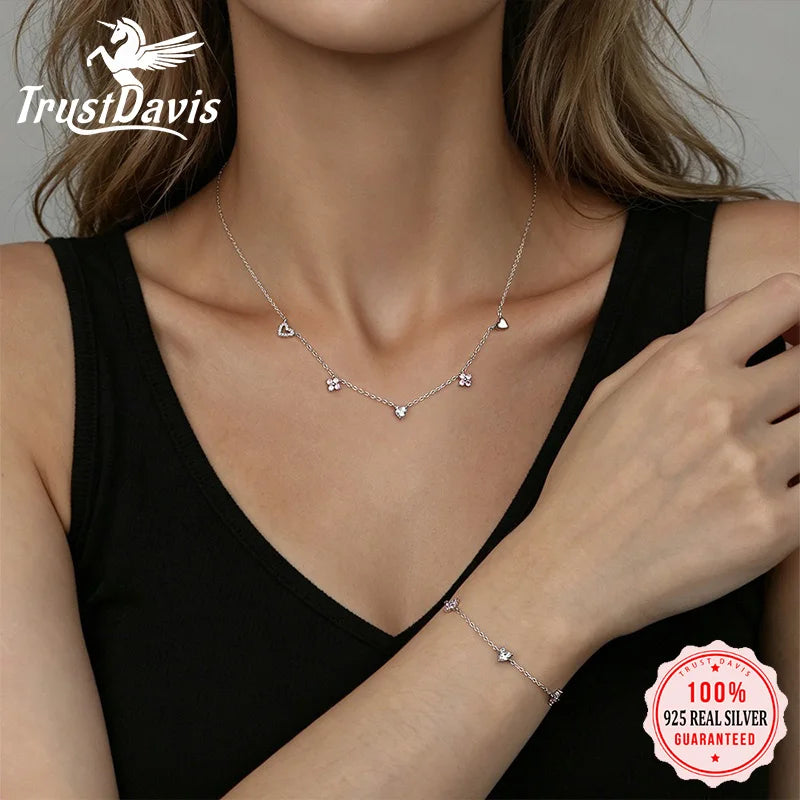 Pink Flower Heart Zircon Silver Necklace DS4863