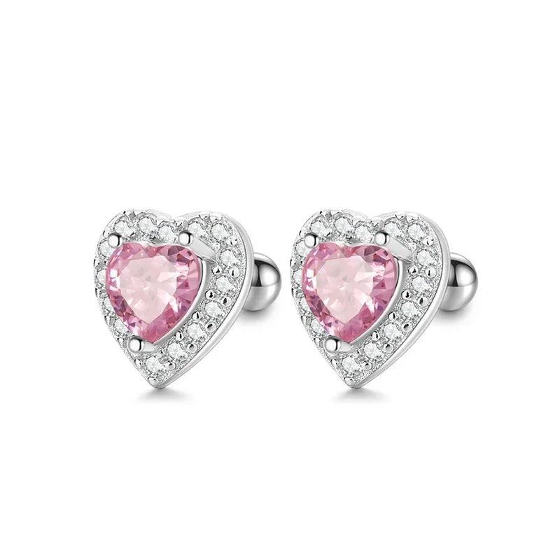TrustDavis Authentic 925 Sterling Silver Pink Red Heart CZ Stud Earrings for Women Girls Kids Birthday Gift Jewelry DS3921