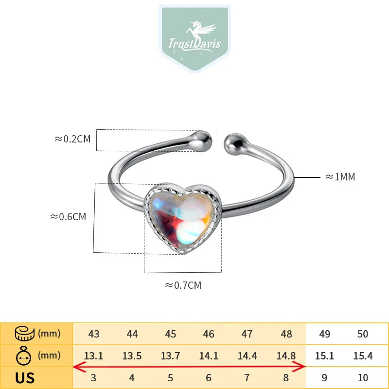 TrustDavis Real 925 Sterling Silver Fashion Gradient Coloured Glaze Heart Opening Rings For Women Wedding Fine Jewelry DA2476