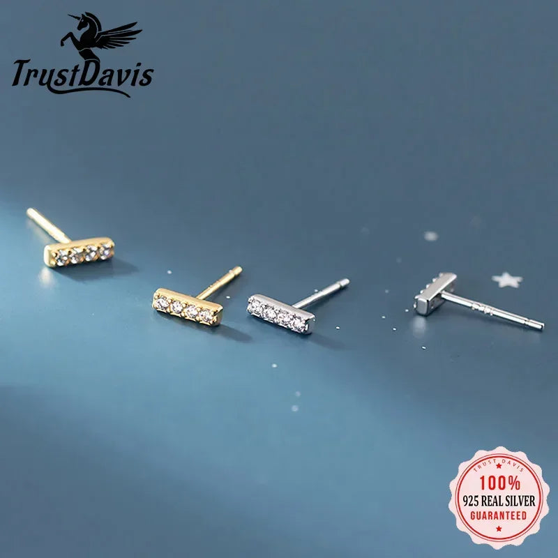 TrustDavis Real 925 Sterling Silver Minimalist Sweet Mini Stick CZ Stud Earrings For Women Wedding Fine S925 Jewelry Gift DS2209