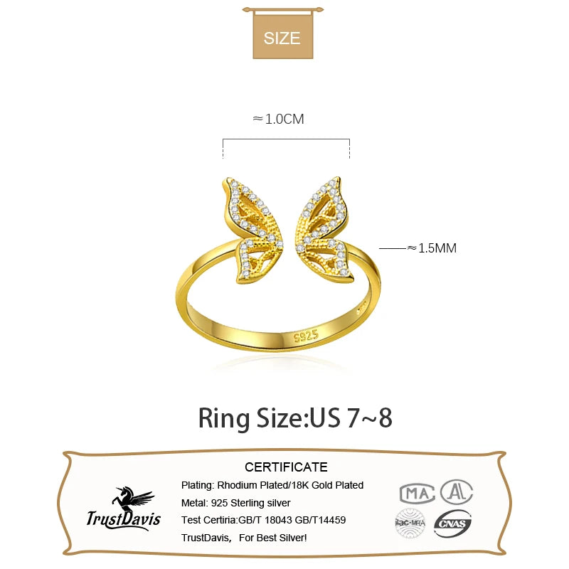Trustdavis Genuine 925 Sterling Silver Insect Butterfly Opening Ring For Women Wedding Valentine's Day Fine S925 Jewelry DA2744