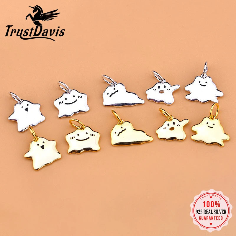 TrustDavis Real 925 Sterling Silver Personality Cute Ghost Halloween Charm Pendant Handmade DIY Accessories Jewelry DZ1810
