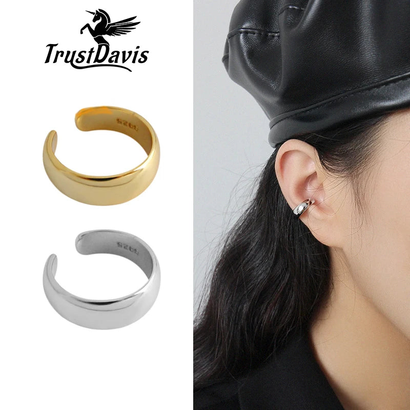 TrustDavis 1Pcs Real 925 Sterling Silver INS Smooth Surface Ear Cuff Clip on Earrings For Women Wedding Party Fine Jewelry DA149