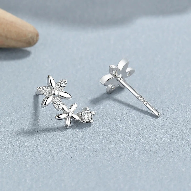 Trustdavis Real 925 Sterling Silver Asymmetrical Flowers Stud Earrings Women Girls Daughter Birthday Party Gift Jewelry DS4426