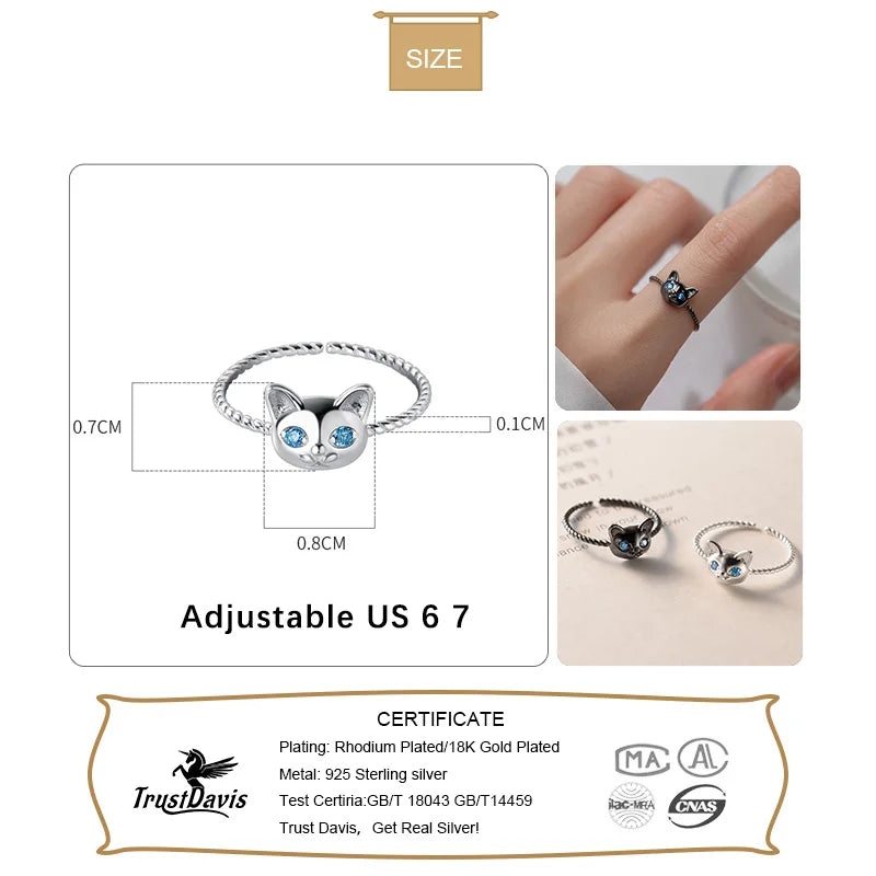 TrustDavis Real 925 Sterling Silver Animal Cat Twist CZ Opening Rings For Daughter Girlls Women Mother's Day Fine Jewelry DA2985