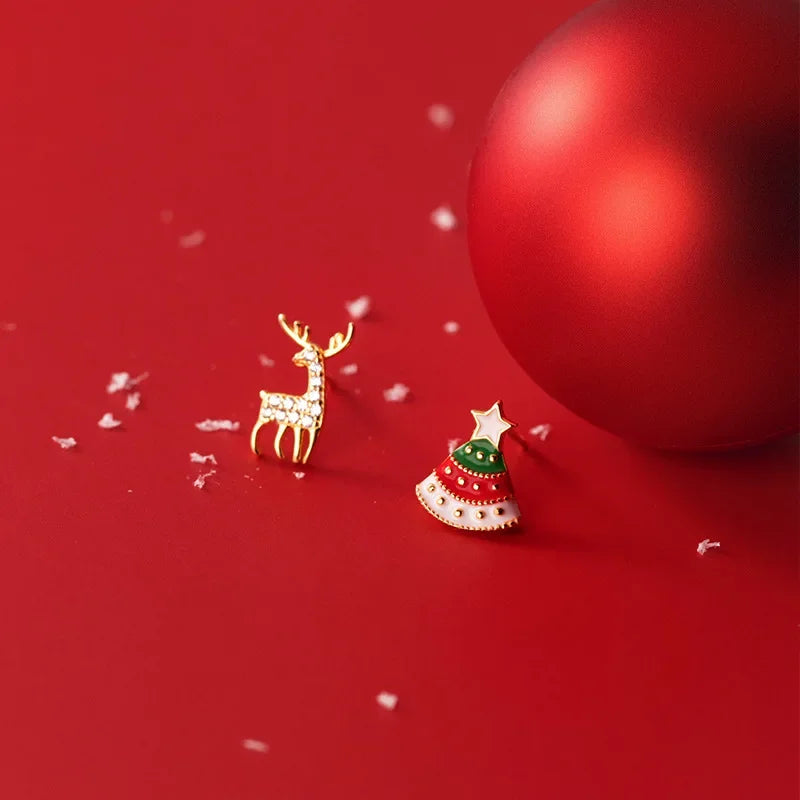 TrustDavis Real 925 Sterling Silver Asymmetric Christmas Trees Deer Stud Earrings For Women Christmas Presents Jewelry DS3363