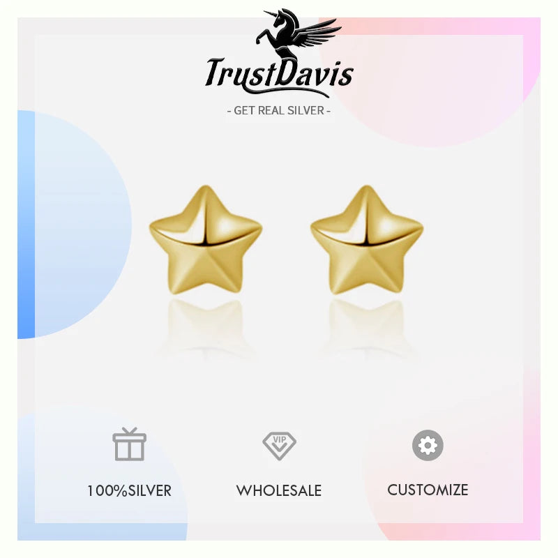 TrustDavis Real 925 Sterling Silver Fashion Sweet Star Stud Earrings Women Daughter Birthday Party Gift Jewelry DA1629