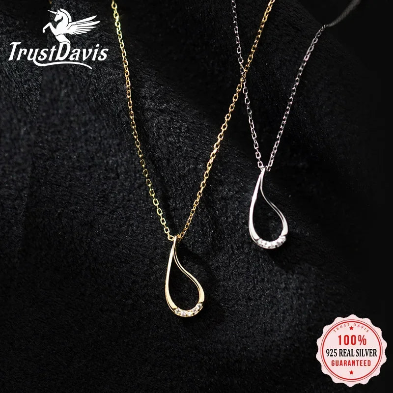 TrustDavis Real 925 Sterling Silver Fashion Water Drop Dazzling CZ Choker Necklace For Women Wedding Birthday Fine Jewelry DB116