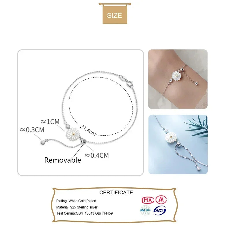 TrustDavis Authentic 925 Sterling Silver Fashion White Daisies Shiny CZ Bracelet For Women Wedding Fine S925 Jewelry Gift DA1084