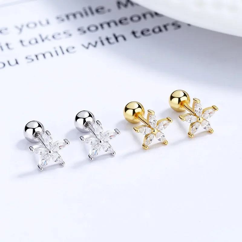 Flower Shiny CZ Bead Screw Stud Earrings For Women Wedding Fine Jewelry DA2491
