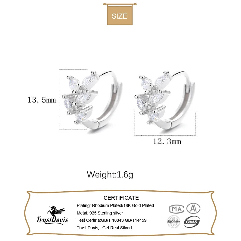 TrustDavis Real 925 Sterling Silver 2022 Fashion Leaf Zircon Charm Hoop Earrings For Women Wedding Statement Fine Jewelry DG0103