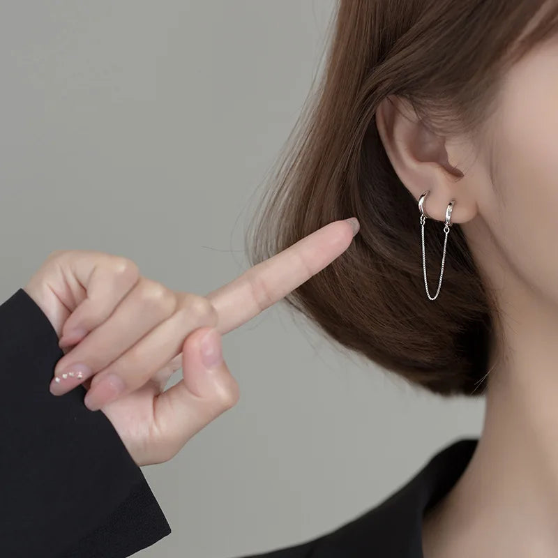 TrustDavis 1Pcs Real 925 Sterling Silver Fashion Box Chain Double Hoop Earrings For Women Wedding Party Fine Jewelry Gift DA2275