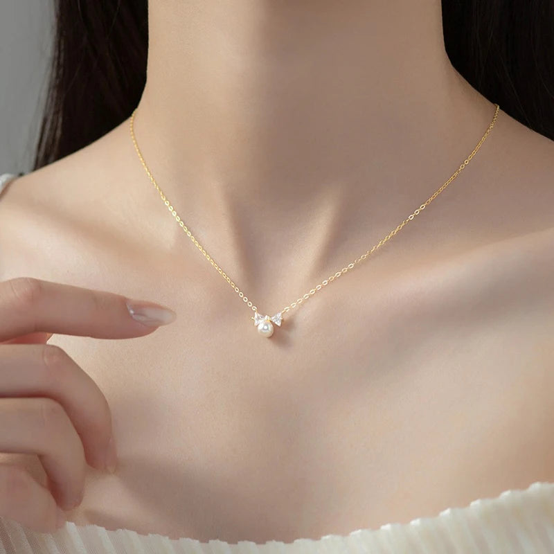 TrustDavis Real 925 Sterling Silver Fashion Charm Diamond Studded Bow Pearl Necklace for Women Wedding Party S925 Jewelry DA1636