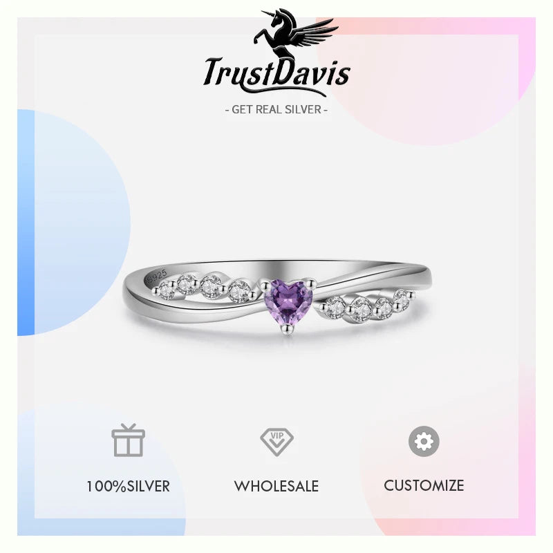 TrustDavis Real 925 Sterling Silver Women's Fashion Purple Cross Heart Shaped Zirconia Ring for Women Girls Jewelry Gifts DS4240