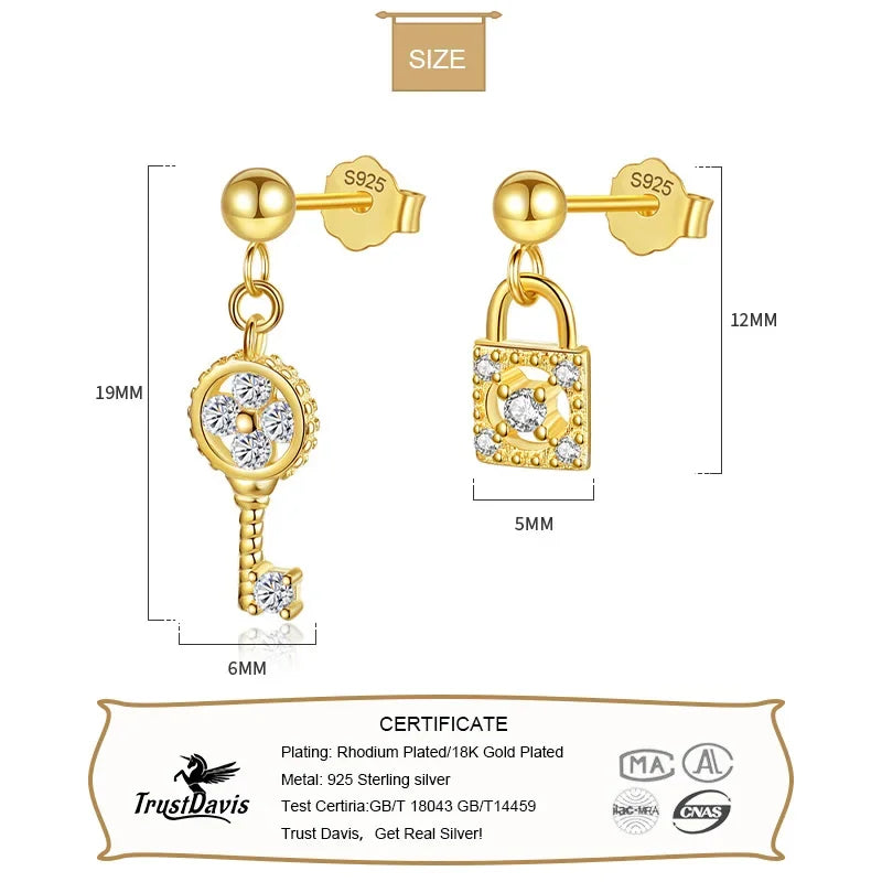 TrustDavis Real 925 Sterling Silver 2022 Asymmetrical Key Lock Shiny CZ Stud Earrings For Fashion Women Fine 925 Jewelry DA00353