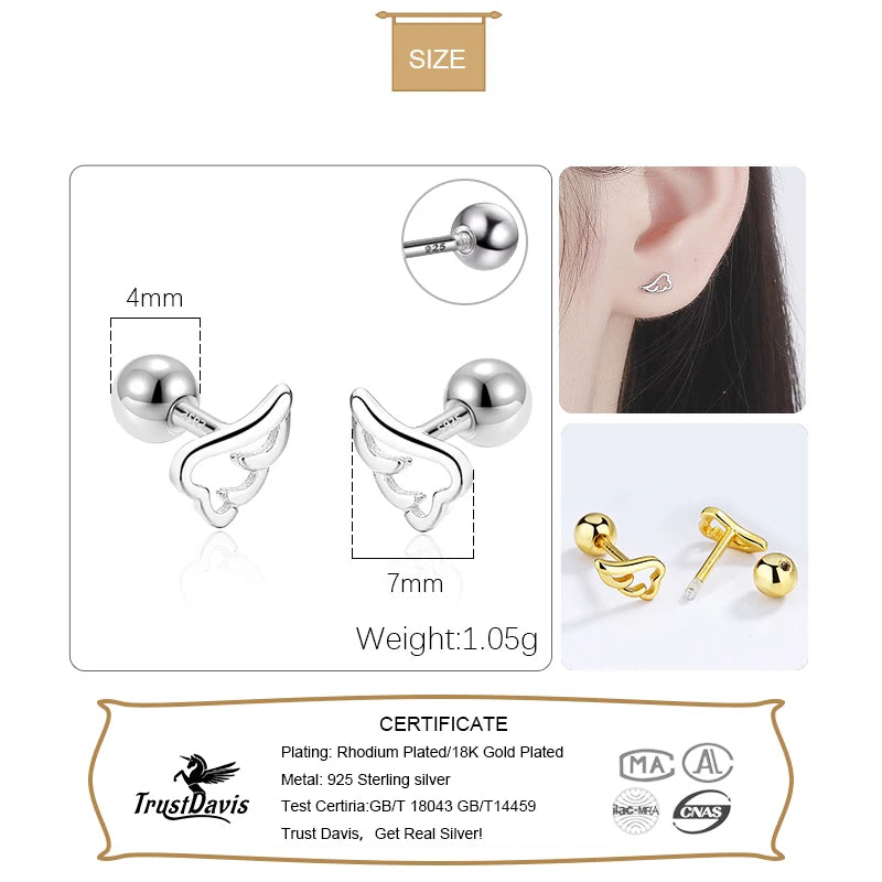 Real 925 Sterling Silver Angel Wing Bead Screw Earrings DA2876