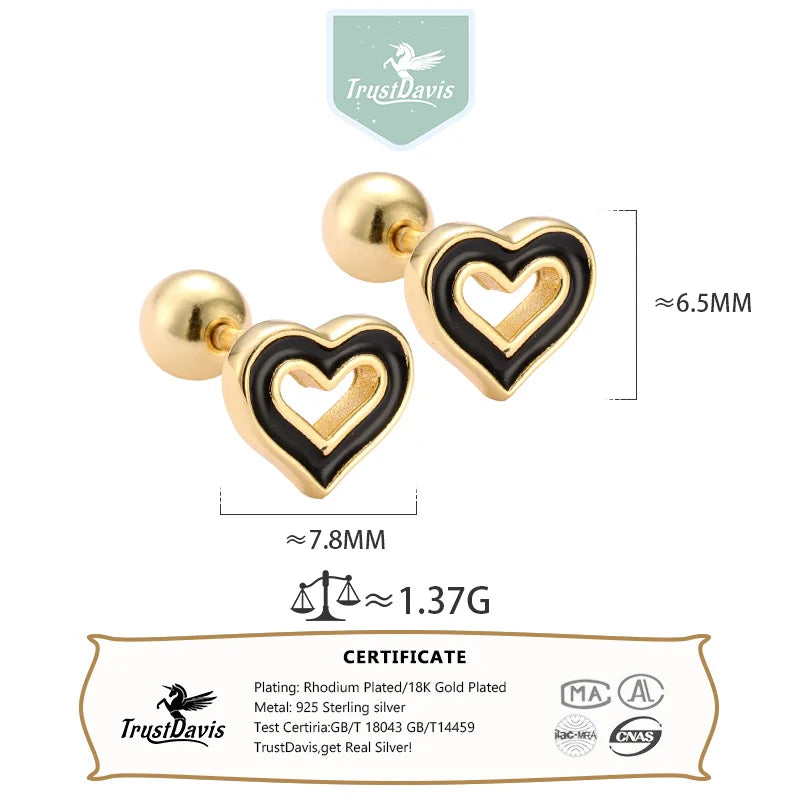 TrustDavis 925 Sterling Silver Women's Fashion Simple Epoxy Hollow Heart-shaped Earrings for Women Girls Jewelry Gift DS4405