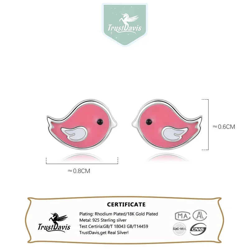 TrustDavis Real 925 Sterling Silver Fashion Sweet Glaze Pink Birds Stud Earrings For Women Wedding Party Fine Jewelry Gift DS616