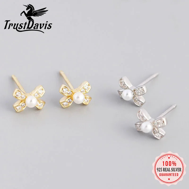 Trusta 100% 925 Sterling Silver Jewelry Fashion Casual Stud Earrings Bow Knot Anniversary for Girls Kids Lady DS4021