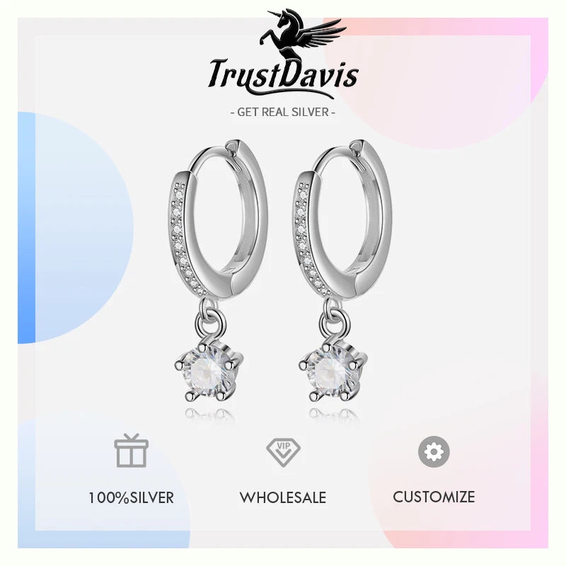 Trustdavis Real 925 Sterling Silver Simplicity Zircon Hoop Earrings Women Girls Birthday Party Gift Jewelry DS4133