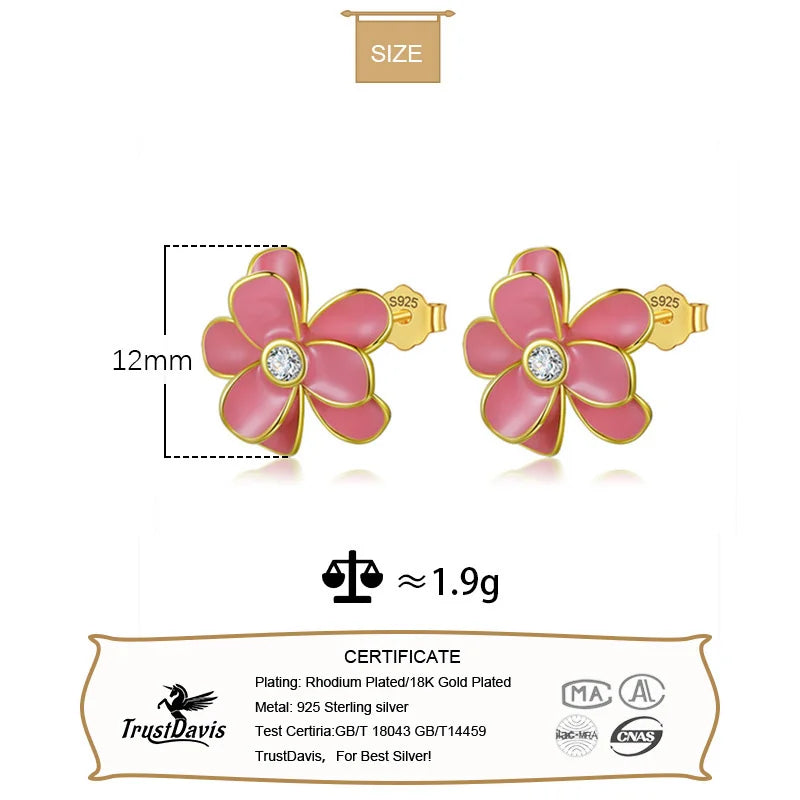 Trustdavis Real 925 Sterling Silver Earrings Sweet Colour Flower CZ Stud Earrings For Women Wedding Party Fine Jewelry DF221